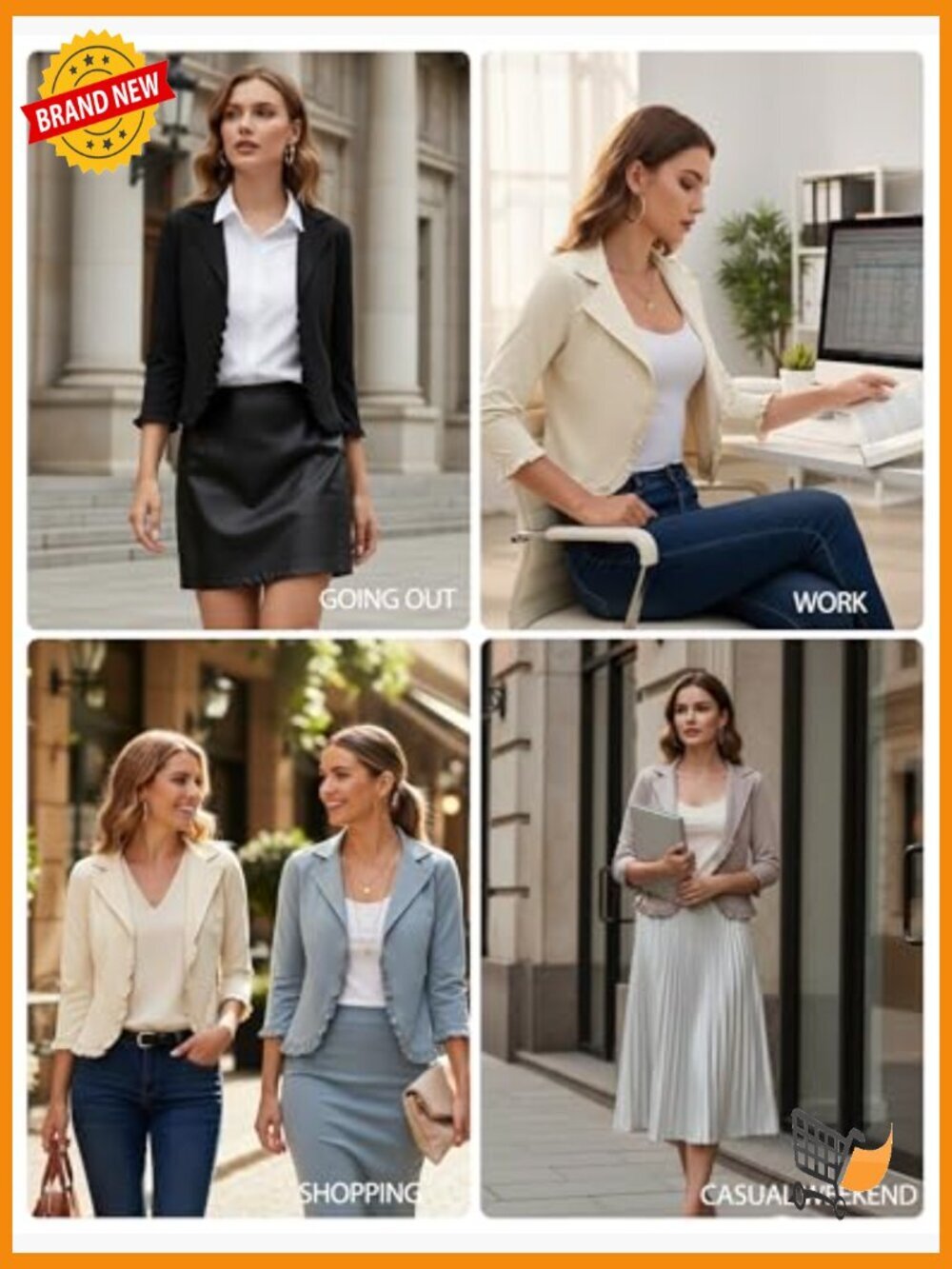 3/4 Sleeve Cropped Blazer Lightweight Open Front Cotton Cardigan Jacket - Picture 3 of 7